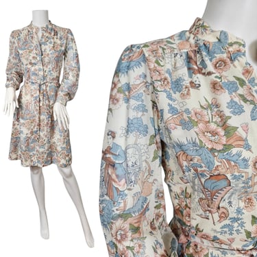 Joseph Magnin 1970's Asian Print Poly Cotton Shirtwaist Dress I Sz Med 