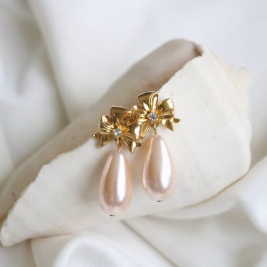 teardrop bow earrings - vintage 90s y2k gold pink womens romantic cottage gold rhinestone cute post earrings 