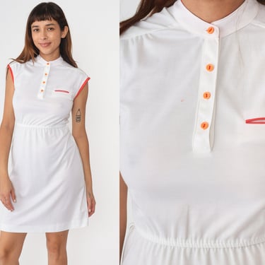 70s White Dress Mini Dress Button Up Cap Sleeve Simple Dress 1970s Plain Tennis Dress Ringer Vintage Classic Minidress High Waist Small 4 