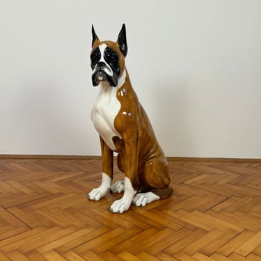 Boxer Dog Ceramic Statue / Vintage Porcelanin Life Size Dog Figurine / Handmade / Home Decor / Italian Pottery / Made in Italy / 1970s 