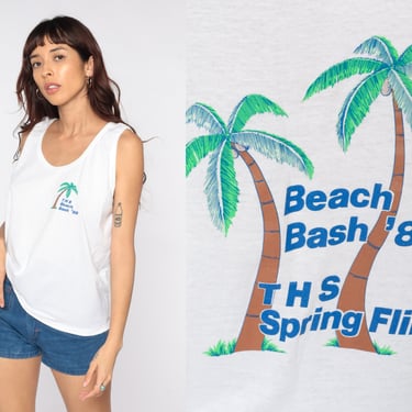 Beach Shirt Beach Bash 88 Shirt Palm Tree Tank Top 80s Tropical Tank Top White Graphic 1980s Vintage Spring Fling Screen Stars Large L 