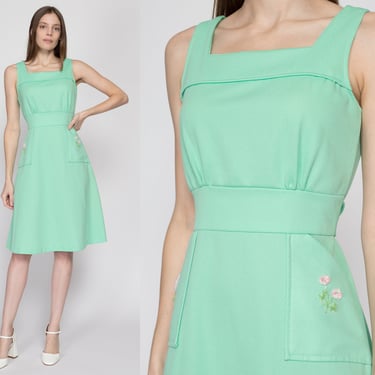 Small 70s Mint Green Floral Pocket Sundress | Vintage Embroidered Flower Retro Sleeveless Midi Dress 