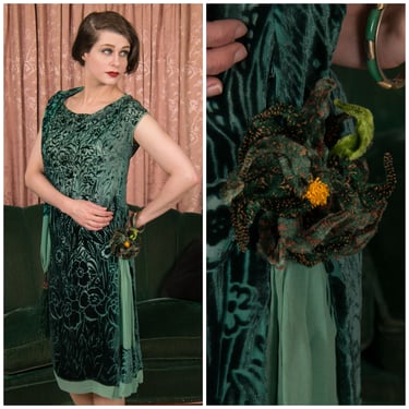 1920s Dress - Rare Teak Green 20s Silk Devore Velvet Dress with Attached Tassled Scarf and Gorgeous Wire Chenille Hip Flower 