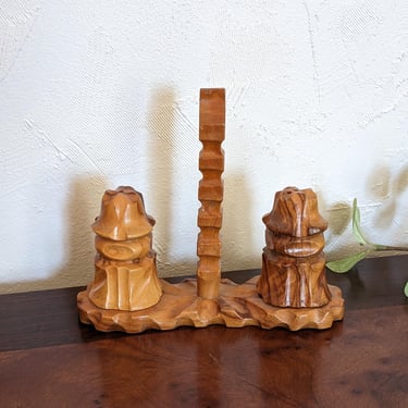 Vintage Carved Wood Salt and Pepper Shakers with Holder Stand 