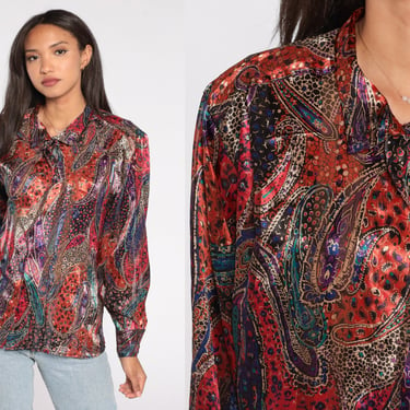 80s Paisley Blouse Silky Metallic Shirt 90s Button Up Shirt Long Sleeve Top Psychedelic Collar Blouse Satin 1980s Vintage Extra Large xl 14 