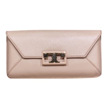 Tory Burch - Pearl Patent Textured Leather Clutch w/ Gold-Toned Signature T