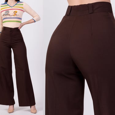 70s Chocolate Brown High Waisted Flared Pants - Extra Small, 25" | Vintage Wide Leg Boho Polyester Trousers 
