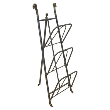 Maison Jansen Style Steel and Brass Rams Head and Feet Magazine Rack, Italy