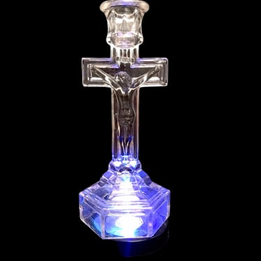 Vintage Glass Crucifix Candlestick Holder | Clear Glass Religious Gothic Tapered Candle Holder | Hallow Hexagonal Base 