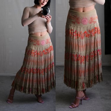 Vintage BASIL & MAUDE Taupe Heavily Vibrant Embroidered and Beaded Tiered Skirt |  Made in Indonesia | 2000s Y2K Designer Boho Chic Skirt 