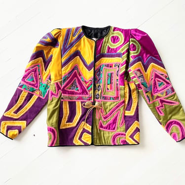 Vintage Judith Roberts Bold Geometric Satin + Felt Puff Shoulder Jacket 