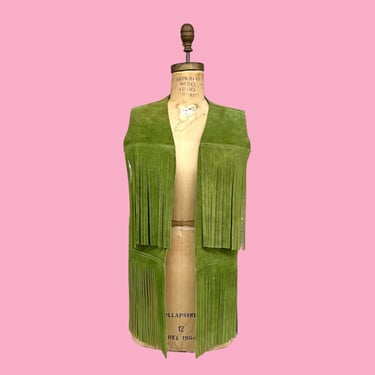 Vintage Fringe Vest Retro 1970s Genuine Leather + Suede + Green + Tassels + Western + Rodeo + Bohemian + Unisex Apparel 