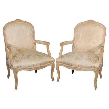 Pair of Fine Quality Carved Limed Beechwood French Louis XV Armchairs Circa 1940