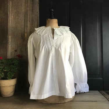 French Chemise Ruffle Blouse, White Cotton, Ruffle Collar Sleeves, Pin Tucks, Embroidery, French Farmhouse 