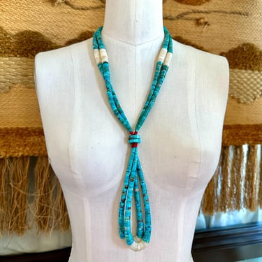 SANTO DOMINGO Vintage 2 Strand Turquoise Coral & Shell Necklace | Shell Heishi Beads | Native American Southwestern Jewelry 