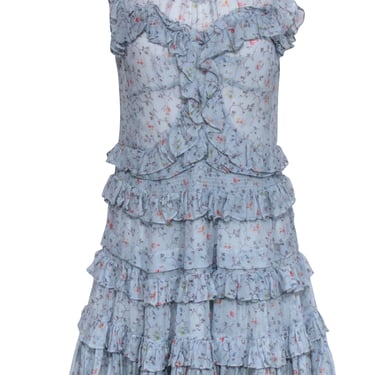Rebecca Taylor - Blue Floral Print Silk Ruffle Shoulder Dress Sz 6