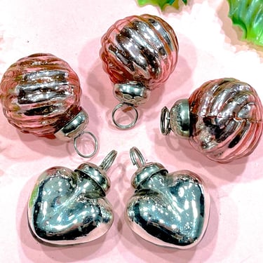 VINTAGE: 5pcs - Small Mercury Glass Heart Ornaments - Heart Pendants - Kugel Style Christmas Ornaments 