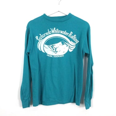 vintage SALIDA, COLORADO early 1980s teal and white VINTAGE long sleeve t-shirt top -- men's size small 