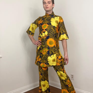 60s Bold floral pantsuit set 