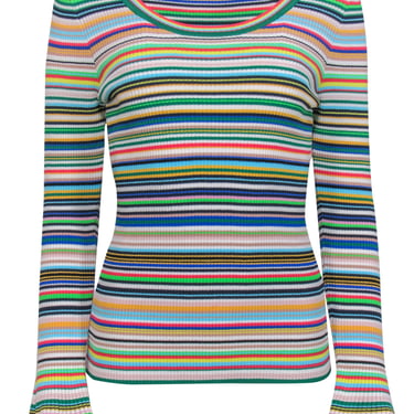 Milly - Multicolor Striped Long Bell Sleeve Ribbed Knit Top Sz L