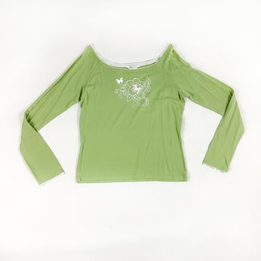 y2k Aeropostale Sheer Green Off The Shoulder Top / Glitter Hibiscus and Butterfly Motif / Graphic / White Trim / XL / Cotton / Thin / 00s / 