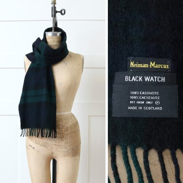 Scotland black watch tartan 100% cashmere scarf • Neiman Marcus unisex navy blue & green luxury fringed winter scarf 