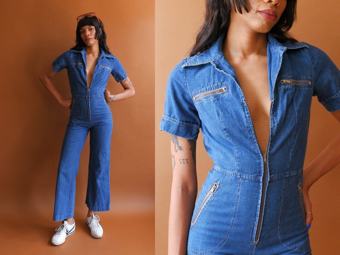 Vintage 70s Denim Jumpsuit 1970s Zip Up Wide Leg Short Bottle of Bread Baltimore MD