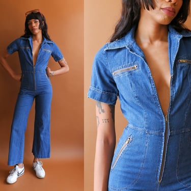 Vintage 70s Denim Jumpsuit/ 1970s Zip Up Wide Leg Short Sleeve Coverall/ Size XS 