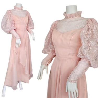 Romantic 1970's Pale Pink Chiffon Mutton Sleeve Maxi Dress I Sz Sm 