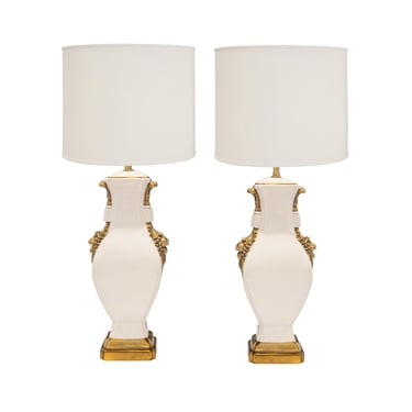 Pair of Extraordinary Large French Porcelain Lamps with Gilded Accents 1960s