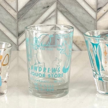 Mid Century Shot Glasses, Blue, Gold, Minneapolis Liquor Store Novelty 