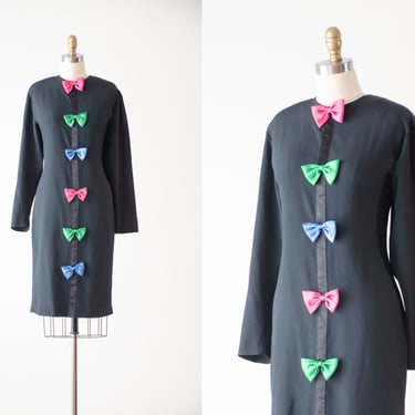 black mini dress 80s 90s vintage pink green blue bow long sleeve holiday party dress 