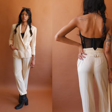 Vintage 90s Ralph Lauren Ivory Suit/ 1990s Back Buckle Butter Rayon Pant Suit/ Bridal Suit/ Size Small 