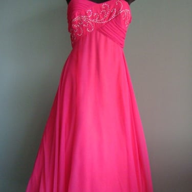 Retro Vintage Prom Evening Party Dress in Hot Pink Chiffon with Rhinestone Accents 