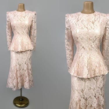 Vintage 80s Peach Lace Skirt Suit Peplum Dress Set By Patra Size 6 | 1980s Sheer Lace and Satin Mermaid 2pc Dress | vfg 