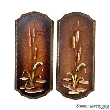 Vintage Coastal Brutalist Brass & Copper Cat Tail Wall Hanging Plaques - A Pair