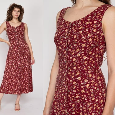 XS 90s Red Floral Grunge Maxi Dress | Vintage Sleeveless Button Up Summer Sundress 