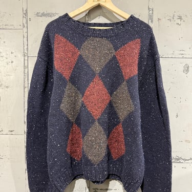 Vintage Chunky Knit Diamond Pattern Sweater Pull Over Fleck Crewneck argyle 