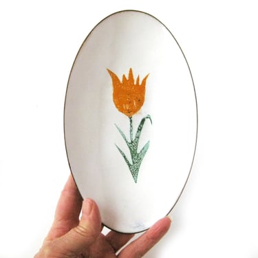 Vintage Copper Enamel Dish with Orange Tulip Flower Design, White Enamel Tid Bit Plate, White Oval Enamel Dish, Spring Flowers 