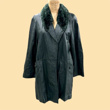 Vintage Leather Coat Retro 1980s Deadstock + Avanti + Dark Green + Size Large + Faux Fur Collar + Jacket + Womens + Fall/Winter Apparel 