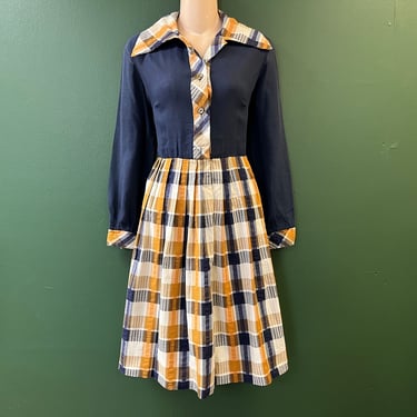 navy plaid dress 1960s mod tan and blue wide collar frock large 