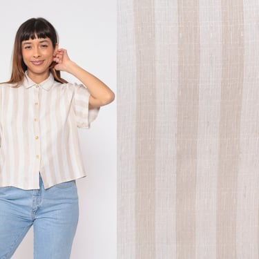 Striped Blouse 90s Button up Shirt White Tan Vertical Stripes Print Top Collared Summer Semi Cropped Flax Blend Vintage 1990s Extra Large xl 