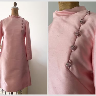 Vintage 1960’s pastel pink cocktail dress | long sleeve evening dress, 60s dress,  rhinestone buttons, S/M 