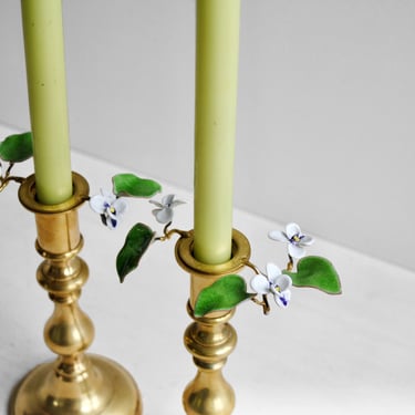Vintage Candle Rings, Brass and Enamel Pansy Flower Candle Ring Set 