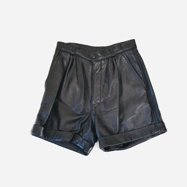 80s 90s Vintage Black Leather Shorts size Small// 80s 90s Vintage Black Leather Shorts High waisted Cuffed Shorts size Small 
