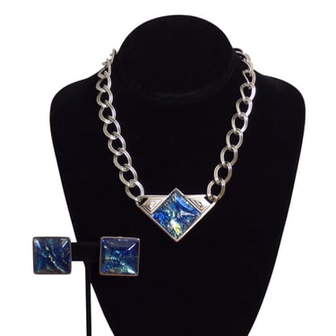 YVES SAINT LAURENT- Silver & Blue Dichroic Glass Necklace & Earrings