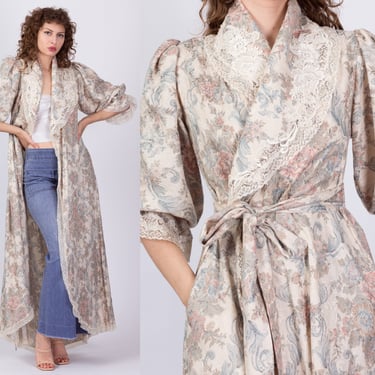 Vintage Jonquil By Diane Samandi Floral Tapestry Dressing Gown - Small | 80s Puff Sleeve Lace Trim Maxi Wrap Robe 
