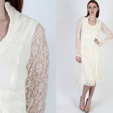 Cream Prairie Wedding Dress / Vintage 70s Sheer Floral Lace Bridal / Simple Ivory Bridesmaids Outfit 