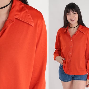 Orange Blouse 70s Button Up Shirt Disco Top Collared Long Sleeve Retro Plain Preppy Basic Seventies Streetwear Bright Vintage 1970s Medium M 