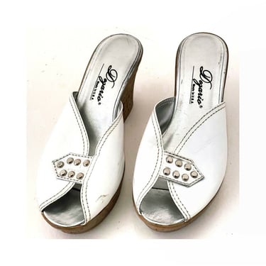 Dezario Cork High Heels White Leather Chrome Rivets 8.5M 39 Sandals Slip On 